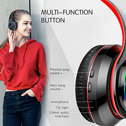 Kids Bluetooth Over Ear Headphones with LED Lights,BlackRed | Built-in Mic, Bluetooth 5.0, Wired and Wireless Foldable Stereo Headphones for Classroom, Office, Tablet, Airplane,Travel - color: Black