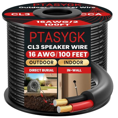 16 Gauge Outdoor Speaker Wire 100ft CL3 Direct Burial CCA Cable | CL2 Rated, 2 Conductor Stranded Core, UV and Weather Resistant, No Conduit Needed Underground, Garden Patio Pool Audio - size: 100FT, style: 16GAUGE