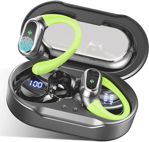 Wireless Earbuds, 2026 Bluetooth 5.4 Headphones Sport, 50Hrs HiFi Stereo Deep Bass Over-Ear buds with ENC Noise Cancelling Mic, IP7 Waterproof & LED Display Earphones with Earhooks for Workout/Running - color: Dark Green