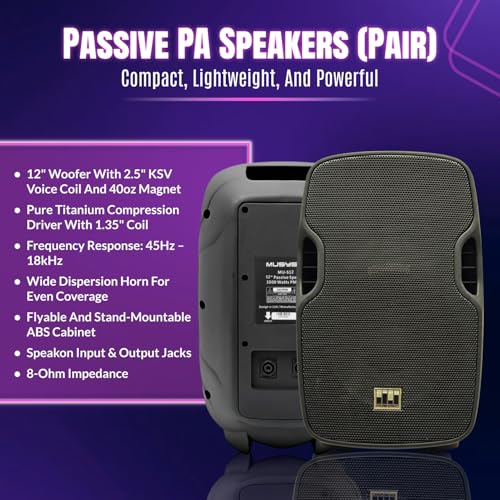 Pa System with Wireless Microphone and Speakers 12", 2000W | Built-in Amplifier w/6 Channel Audio Mixer System, Wireless UHF Microphone, 1000W Passive Speaker, Dual Tripod Stands - size: 12 inch