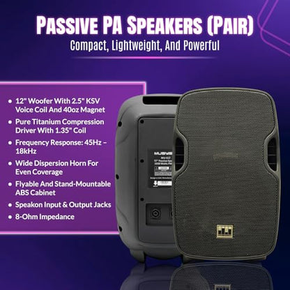 Pa System with Wireless Microphone and Speakers 12", 2000W | Built-in Amplifier w/6 Channel Audio Mixer System, Wireless UHF Microphone, 1000W Passive Speaker, Dual Tripod Stands - size: 12 inch