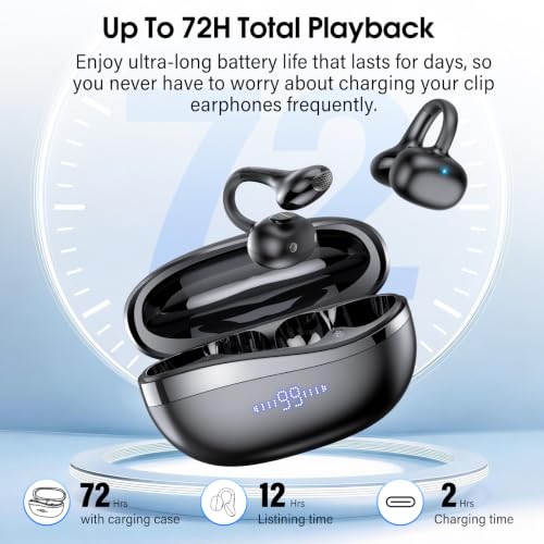 Clip-On Open Ear Earbuds Wireless Bluetooth 6.0 with Heart Rate Monitor | 72H HiFi Stereo Ear Buds with Zemyee Life App, 6 EQ Modes, Full-Area Tap Control Running Headphones for Sport/Work,Black