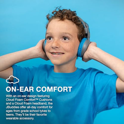 JLab, JBuddies Studio 2, Kids Wireless Headphones, On Ear, Bluetooth, Volume Limiter, Share Mode, Foldable, Grey/Blue