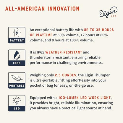 Elgin Thumper Mini Wearable Bluetooth Speaker, 35-Hour Battery Life, 50 ft Wireless Range, Water-Resistant, Magnetic Mount & Clip-On Design with LED Work Light for Jobsite, Outdoor & Everyday Use | 50 ft Wireless Range, 35-Hour Battery Life, Magnetic Moun