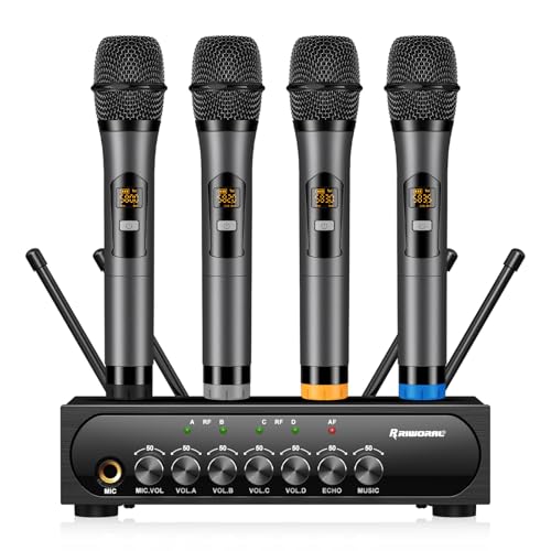 Wireless Microphone System Karaoke 4 Channel UHF Cordless Handheld Dynamic Mic with Bluetooth Receiver Box + Volume Control Echo Mic Work Range 165ft for Karaoke PA System DJ Mixer Party - size: 4 Channel UHF Cordless Handheld Dynamic Mic