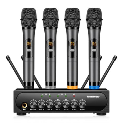 Wireless Microphone System Karaoke 4 Channel UHF Cordless Handheld Dynamic Mic with Bluetooth Receiver Box + Volume Control Echo Mic Work Range 165ft for Karaoke PA System DJ Mixer Party - size: 4 Channel UHF Cordless Handheld Dynamic Mic