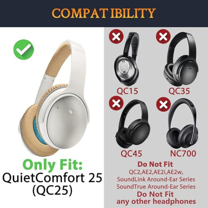 SOULWIT Replacement Kit for Bose QuietComfort 25 (QC25), Earpads Cushions + Headband + Silicone Sweat Cover - Beige - color: White&Beige