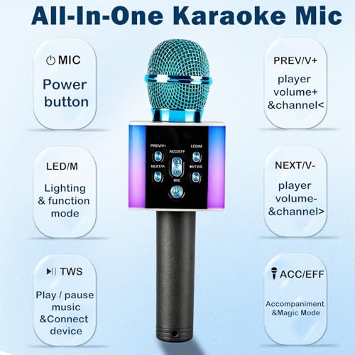 Wireless Bluetooth Karaoke Microphone for Kids & Adults, Singing Mic with Disco Lights, Voice Changer, Built-in Speaker, Portable Karaoke Player for Party & Travel Gifts(Blue) - color: blue