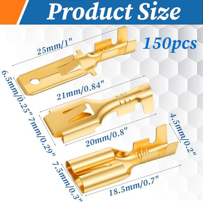 150 Pcs 6.3mm Male Female Spade Connector Brass Male Female Wire Spade Wire Terminal Connectors Non Insulated Wires for Car Audio Wiring Relay Speaker N-005-6.3