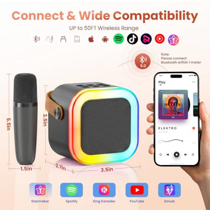 Mini Karaoke Machine, Portable Bluetooth Speaker & 2 Wireless Microphones | Karaoke Player Karaoke Microphone For Family Home Party Outdoor With HI-FI Sound | 5 Magic Sound | PA System | USB | TF | AUX - color: Grey