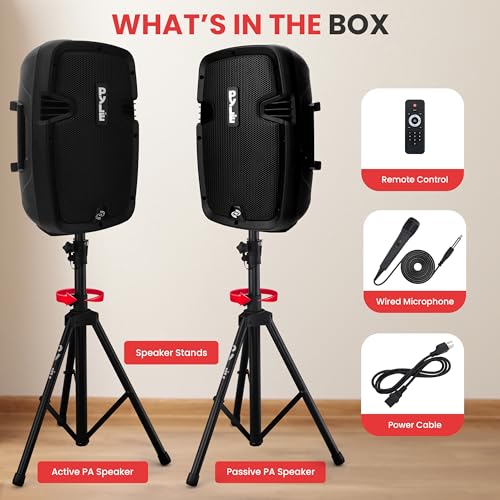 Pyle Active + Passive PA Systems - Dual 8inch 700 Watt Max Power Output Speaker with Microphone, Bluetooth Wireless Streaming, MP3/USB/SD/AUX Readers, Speaker Stands- Pyle PPHP849KT - size: 8 in