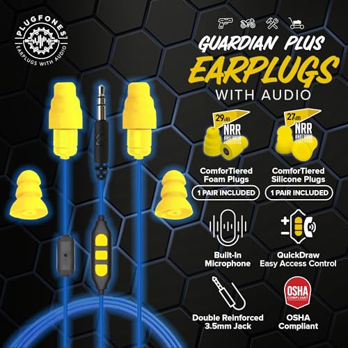 Plugfones Guardian Plus Wired Earplug Headphones for Work, Mic & Controls - color: Blue/Yellow