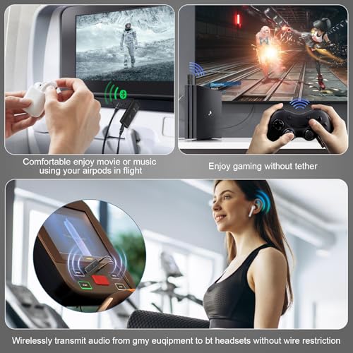 USB Bluetooth 5.2 Transmitter for TV, Wireless Audio Adapter for Airpods or Wireless Headphones Dual Pairs, Low Latency, Bluetooth 3.5mm Aux Transmitter for Flight, TV, PC, Gym, Gaming