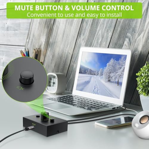 LiNKFOR 2 Port 3.5mm Stereo Audio Switch, 2 in 1 Out & 1 in 2 Out | Equipped with 3.5mm cable, built-in mute button, plug and play, works with laptop, PC, headphone and CD player - size: 2 Ports 3.5mm