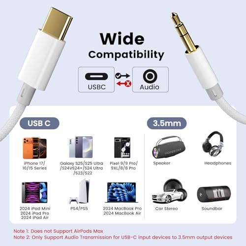 Aux to USB C, Aux Cord to USB C to 3.5mm Audio Headphone Jack Adapter [2 Pack,4FT], Hi-Fi DAC Dongle Aux Cord Compatible with iPhone 17/16/15 Pro Max,Samsung S25/S24/S23,iPad Pro, Pixel, Car Stereo