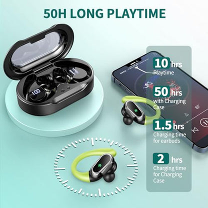 Wireless Earbuds, 2026 Bluetooth 5.4 Headphones Sport, Bluetooth Earbuds with ENC Noise Canceling Mic, 60H Stereo Wireless Headphones IP7 Waterproof with Earhooks, Dual LED Display for Workout/Running - color: Loyal Green