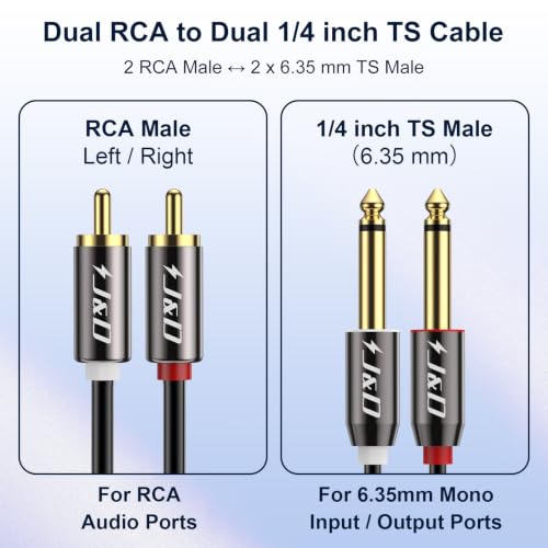 J&D 1/4 to RCA Cable, Gold Plated Copper Shell Heavy Duty 2X6.35mm TS to Dual RCA Stereo Audio Interconnect Cord for AV Receivers, Speakers, Home Audio Systems, Amplifiers, 15 Feet - size: 15 Feet