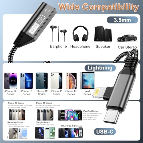 Magnetic Lightning + USB C to 3.5mm Headphone and Charger Adapter,【Apple MFi Certified】 2-in-2 USB C/Lightning to Aux Audio Jack with PD Fast Charging Cable Compatible with iPhone 16/15 /14/Samsung