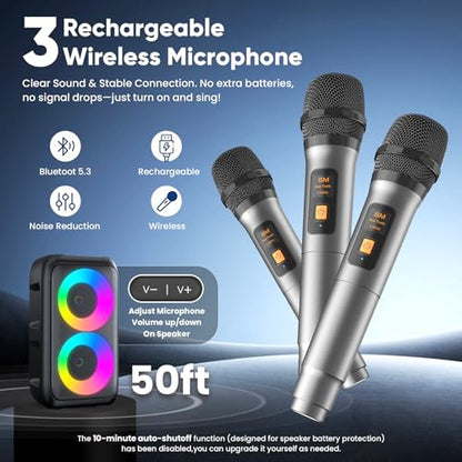 Karaoke Machine for Adults Kids, Portable Bluetooth Speaker with 3 Wireless Microphones, TWS Mode & LED Light, 10H Battery PA System, Home Party Outdoor Camping Birthday Gifts (3 Mics) - size: 3 Mics