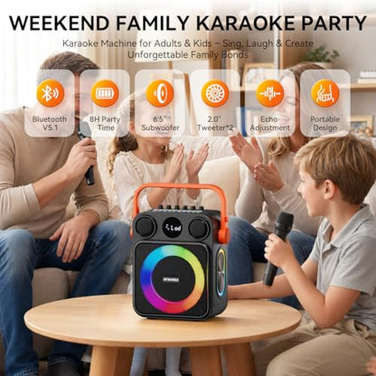 SANSUI D70 Karaoke Machine, Portable Bluetooth 5.1 Speaker with 2 Wireless Mics, PA System with Pitch Correction & Echo for Adults & Kids, Supports TWS/TF/USB/AUX/Live Home Party - size: D70-2 Mic