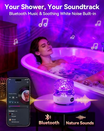 Shower Light with Bluetooth Speaker, Waterproof Shower Lamp with White Noise, 16 Colors Ocean Wave Projector Light with Remote & Touch Control, Music Lamps for Inside Shower Bathroom Bathtub - color: White