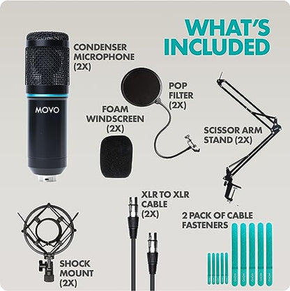 Movo PodPak2A 2-Pack Universal Cardioid Condenser Microphone Kit with Articulating Scissor Arm Mic Stand, Shock Mount, and Gooseneck Pop Filter - Podcast Equipment Set for YouTube, Podcast, Streaming - style: 2 Pack