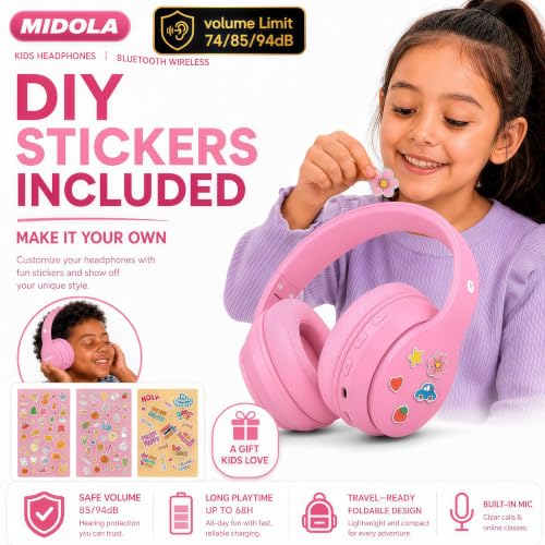 MIDOLA Kids Headphones Bluetooth 5.4 Wireless 68H Play Time Volume Limit 85/94dB Over-Ear Foldable Headset,Type-C Fast Charging,with Wired Aux Mic for Toddler Child Pad Tablet Pink | Adjustable Headband Foldable Over-Ear Lightweight Headsets for Toddler G