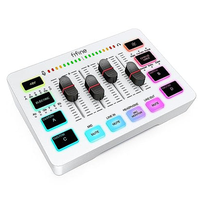 FIFINE Audio Mixer, Gaming Streaming PC Mixer with Slider Fader, XLR Microphone Interface, Monitoring, for Video/Game Voice/Podcast Recording-AmpliGame SC3W | USB PnP For PC,Mute Button,XLR Preamp,RGB,Voice change,48V Phantom Power,Monitoring,Podcast,Reco