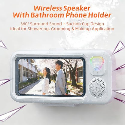 Shower Phone Holder with Wireless Bluetooth Speaker, Waterproof Shower Phone Mount, 360° Rotation, Waterproof Case for Bathroom, Sensitive Touchscreen Case Stand
