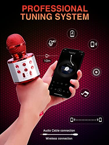 BlueFire 4 in 1 Karaoke Wireless Microphone with LED Lights, Portable Microphone for Kids, Great Gifts Toys for Kids, Girls, Boys and Adults (Red) - color: Red