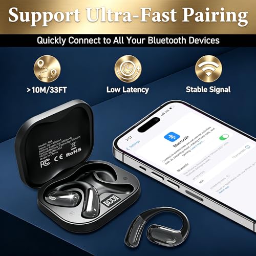 Open Ear Headphones, Wireless Headphones with Smart Digital Display & Mic | (Black) Open Ear Earbuds 35H Playtime, Sweat Resistant & Waterproof, Secure Comfortable Fit - Running, Sport, Driving, Daily - color: Black