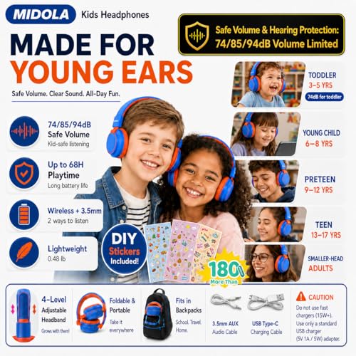 Kids Bluetooth Headphones Wireless 68 Hours,Safe Volume Limit 85/94dB Blue | Adjustable Headband Foldable Over-Ear Lightweight Headsets for Toddler Girls Boys Tablet/iPad,HD Stereo,Built-in Mic - color: Blue