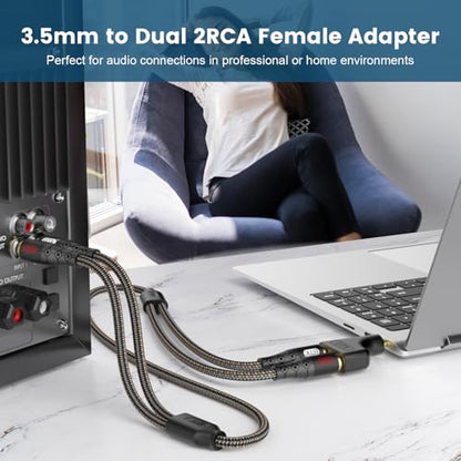 EMK 3.5mm to RCA Female 2-Pack RCA Female to Aux Audio Adapter HiFi Sound Headphone Jack Adapter Metal Shell Y Splitter Auxiliary Cord 1/8 Connector for Phone Speaker MP3 Tablet HDTV