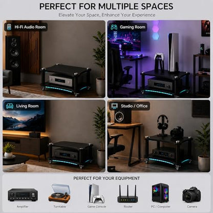 2-Tier AV Media Stand with Wheels,LED HiFi Audio Rack for Stereo Equipment | Large Storage Open-Air Cooling Easy Mobility Fits Amplifiers, Receivers, Game Consoles and DVD Players