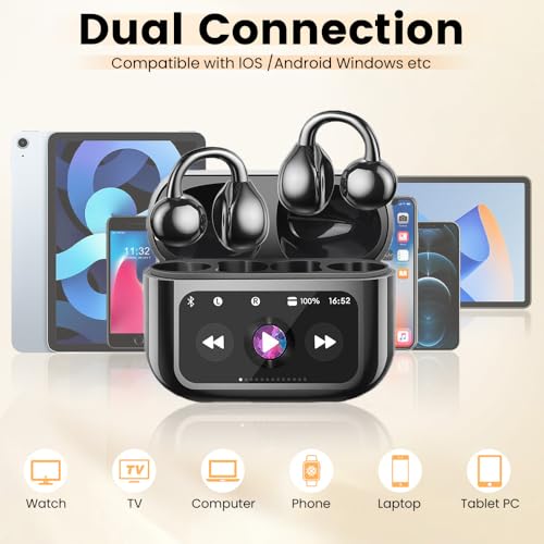 Clip On Ear Headphones, Open Ear Earbuds Wireless Bluetooth 5.4, Clip On Earbuds with LCD Touchscreen, Lightweight Comfort Open Ear Headphones for Pad Tablet Laptop Android/iOS Phones (Black) - color: Black