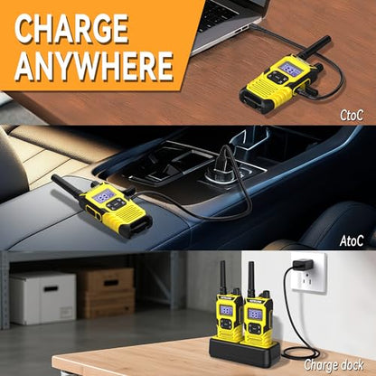 T4 FRS Two Way Radio Earpiece with Mic, Walkie Talkie Long Range for Adults, IP67 Waterproof Walkie Talkies, 22 Channel, NOAA Wheather Alert, PTT, VOX, Yellow, 4Pack