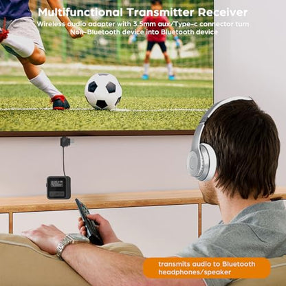 Bluetooth 5.3 Transmitter Receiver for TV to 2 Wireless Headphones Dual Link 2-in-1 Wireless Bluetooth Audio Adapter with 3.5mm Aux/USB C for Airplane Gym Car/Home Stereo System