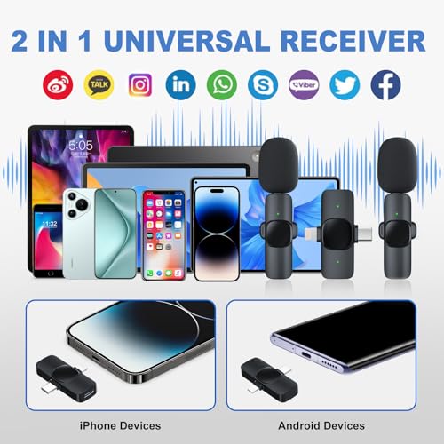 2 Pack Wireless Lavalier Microphone for iPhone/Android Phone, USB C Wireless Lav Mic, 4 Pickup Modes, Noise Cancellation, Mini Lapel Mic for Video Recording Podcast YouTube TikTok