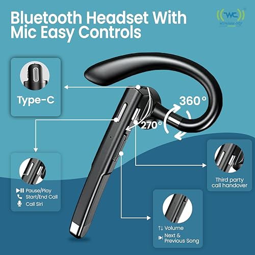 Wireless Bluetooth Headset with Mic, Noise-Cancelling Earpiece with 500mAh Charging Case – Up to 72H Talk Time – Clear HD Sound for Truck Drivers, Office, Call Centre, All Smart Phones.
