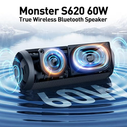 Monster S620 Bluetooth Speaker, Wireless Portable Outdoor Bluetooth Speakers, 60W True Wireless Stereo IPX8 Waterproof, Dual PairingBluetooth 5.4 Built-in Mic, Perfect for Home, Black