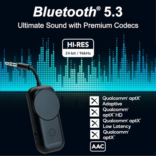Bluetooth 5.3 Airplane Adapter, Rotary Volume, aptX Low Latency & Adaptive, 25 Hrs, Use with Any 3.5mm Jack on Airplanes, TVs, Car, Gym, Ideal for AirPods, Headphones and More, Black - color: Black
