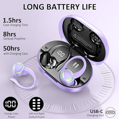 Matast Wireless Earbuds, Bluetooth 5.4 Headphones Sports, 45H Playback Over-Ear Buds with ENC Noise Cancelling Mic, HiFi Stereo Fitness Earphones with Earhooks, IP7 Waterproof Headset - color: Purple