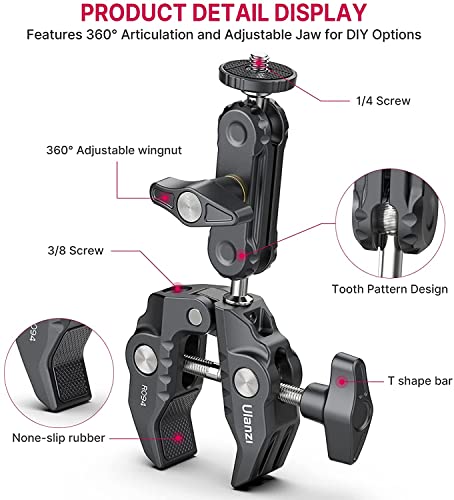 ULANZI Super Clamp Camera Clamp Mount Monitor 360° Ballhead MagicArm Double | Ball Head Adapter with 1/4"-20 & 3/8"-16 Thread ST-07 Phone Tripod Mount - size: Phone Mount Kit