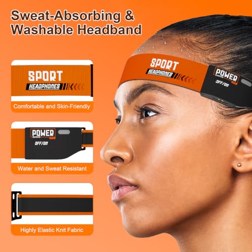 Headband Headphones & Open-Ear Headband with HD External Speakers, Bluetooth Sport Headphones for Running, Walking, Fitness, Breathable Sweat-Wicking Band with LED Headlamp, 12H Playtime, Orange