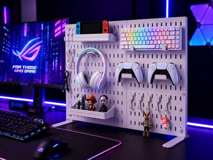 Gaming Desk Organizer, No-Drill Freestanding Desk Pegboard with Headphone Stand, Controller Holder, Keyboard Stand & Shelves, 5-in-1 Gaming Setup Accessories for Dorm Room & Home Office, White