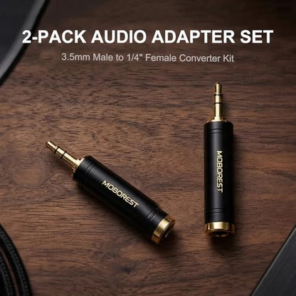 MOBOREST 3.5mm ~ 0.25인치 잭 어댑터 헤드폰 어댑트, 퓨어 구리, 블랙 2P | 1/8 ~ 1/4 Aux 컨버터, 기타 앰프, 믹서, 스튜디오, 홈 시어터 및 라이브 무대 사용을 위한 솔리드 황동 6.35mm 헤드셋 어댑터 - color: 블랙-2개