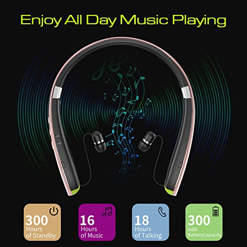 Bluetooth Headset, Neckband Bluetooth Headphones with Retractable Earbuds | Noise Cancelling Stereo Earphones with Mic, Foldable Wireless Headphones for Sports Office w/Carry Case, Rose Gold - color: Rose Gold