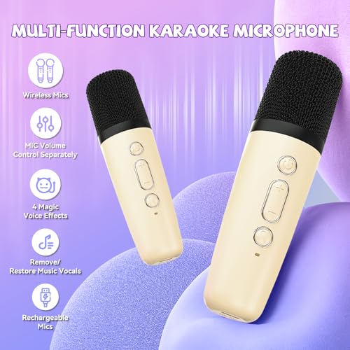 Mini Karaoke Machine for Kids Girls Boys - Birthday Gifts for Ages 4 5 6 7 8+ Year Old - Portable Bluetooth Speaker with 2 Wireless Microphone - Kids' Instrument Accessories - Beige - style: Beige
