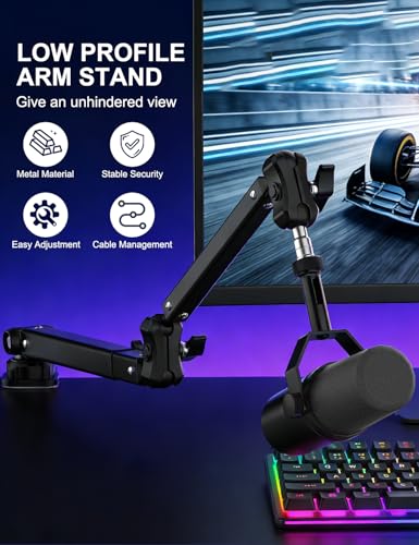 Microphone Boom Arm, 360° Rotatable Heavy Duty Stable Metal Low Profile Mic Arm Stand Desk Mount for Podcast Live Streaming Gaming Studio, with Cable Management, 3/8'' to 5/8'' Adapter