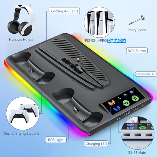 BRHE PS5/Slim/Pro Cooling & Charging Station with Cooling Fan,PS5/Slim/Pro Stand for Disc & Digital Console,PS5 Controller Charger,PS5 Accessories with 3 Charging Ports,Headset Holder - color: Black